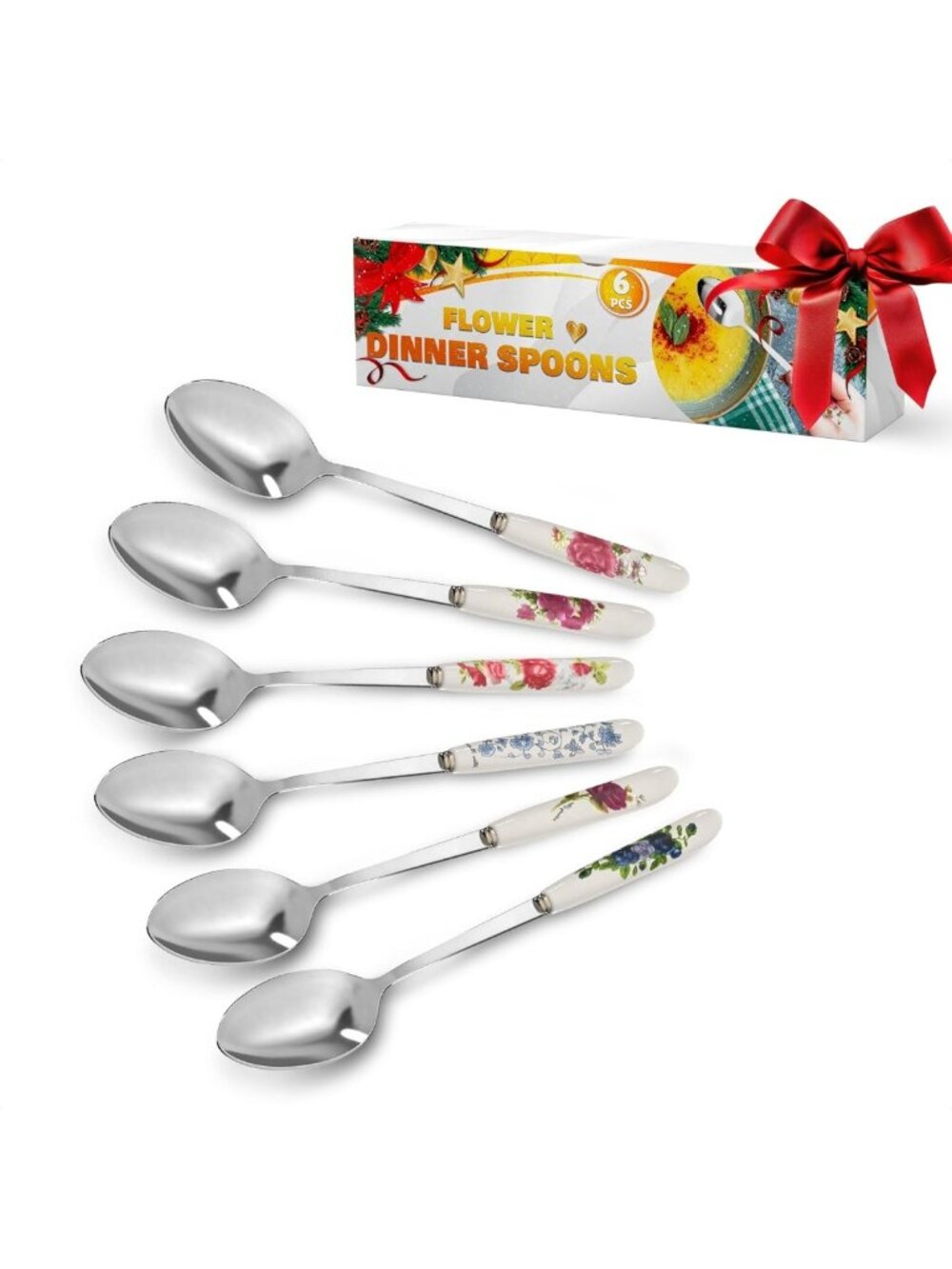 Set of 6 Floral Design Stainless Steel Tablespoons with Ceramic Handles
